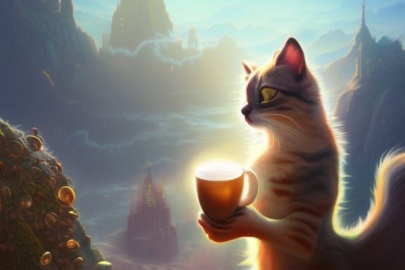 Cat Sipping Coffee: Detailed Fantasy Art