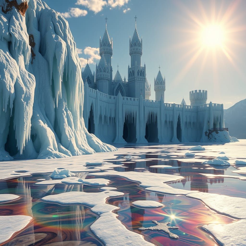 Majestic Ice Castle Melting Under Summer Sun