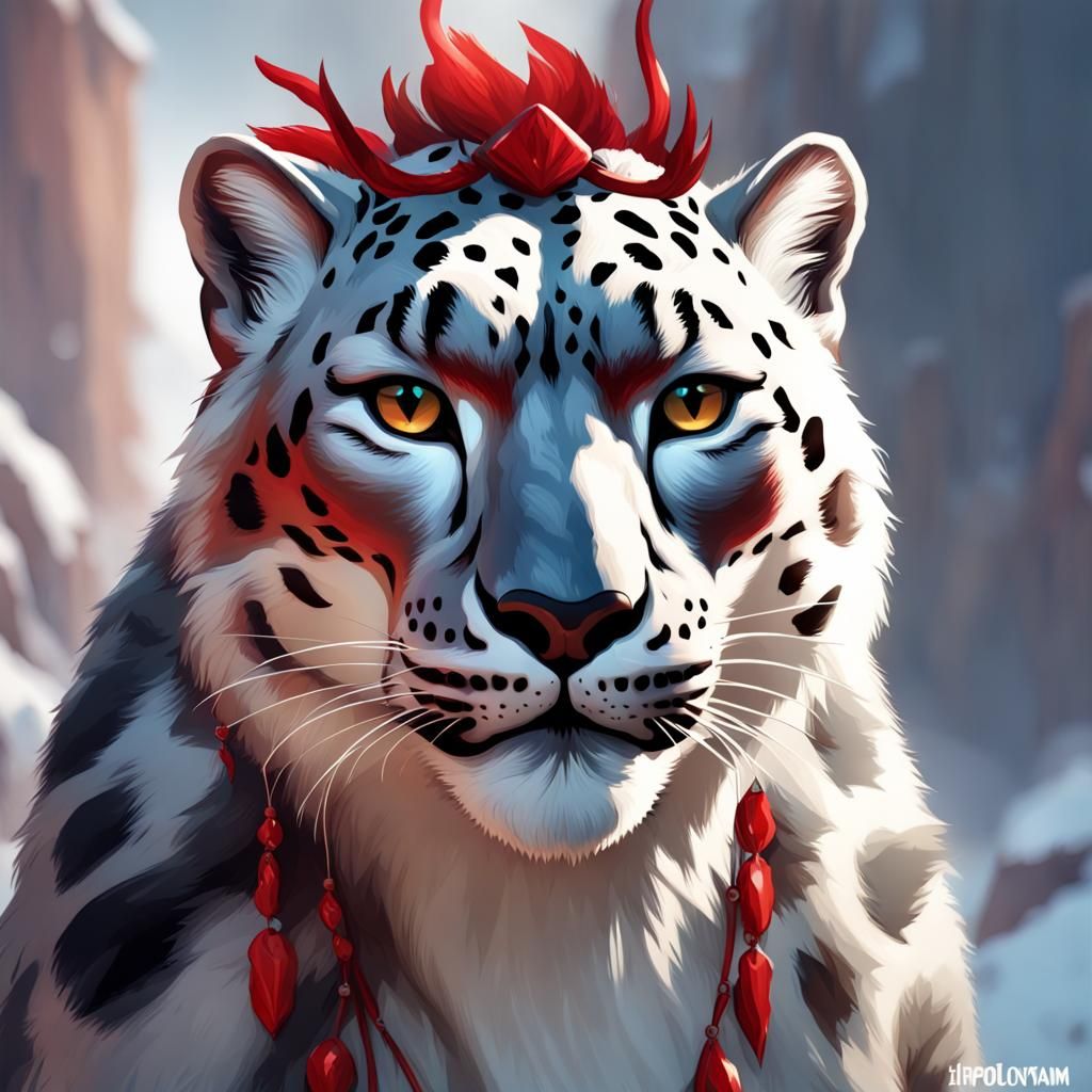 Snow Leopard with Red Horns, Detailed Concept Art