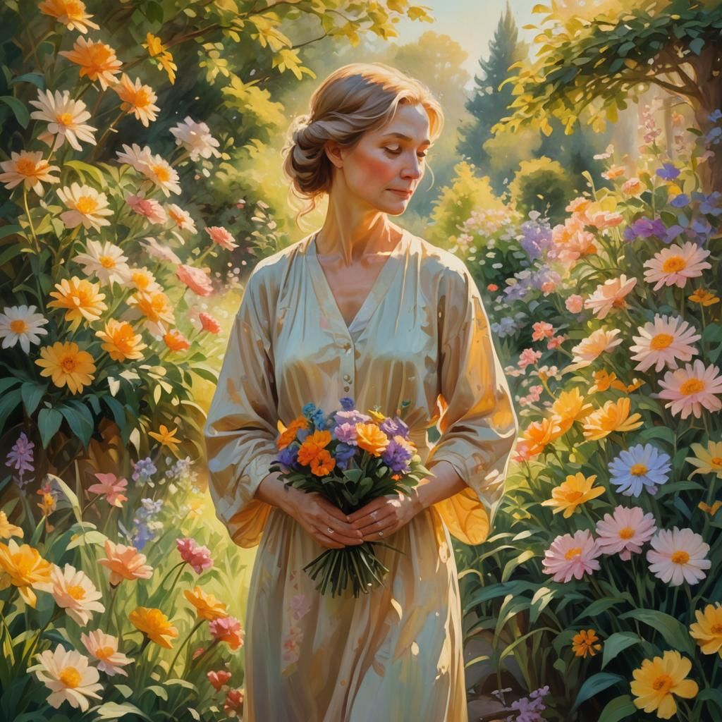 Impressionist Woman in Garden with Flowers