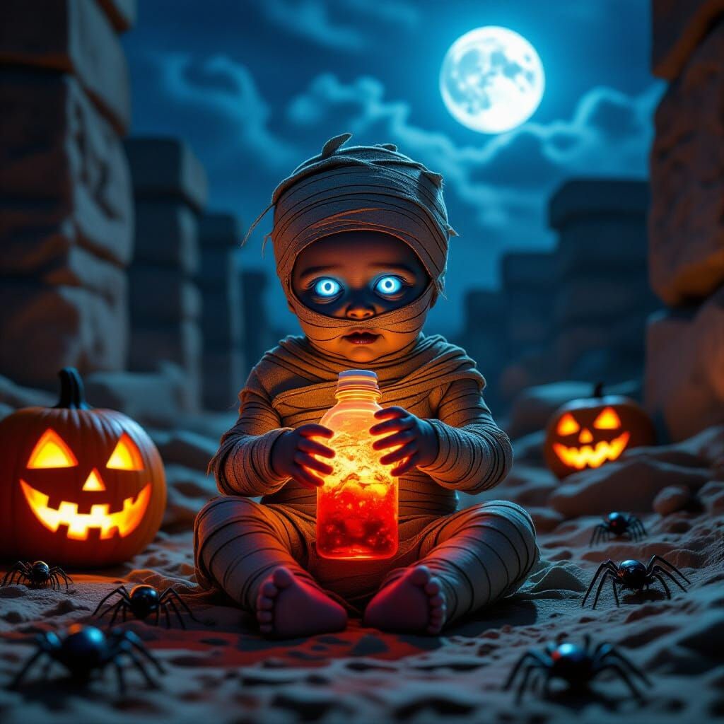 Baby Mummy with Glowing Eyes in Ancient Ruins