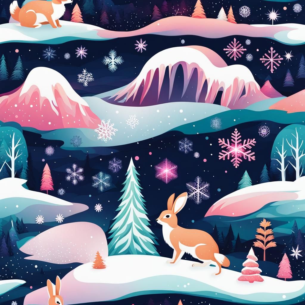 Winter Wonderland: Fox and Rabbit Under Aurora