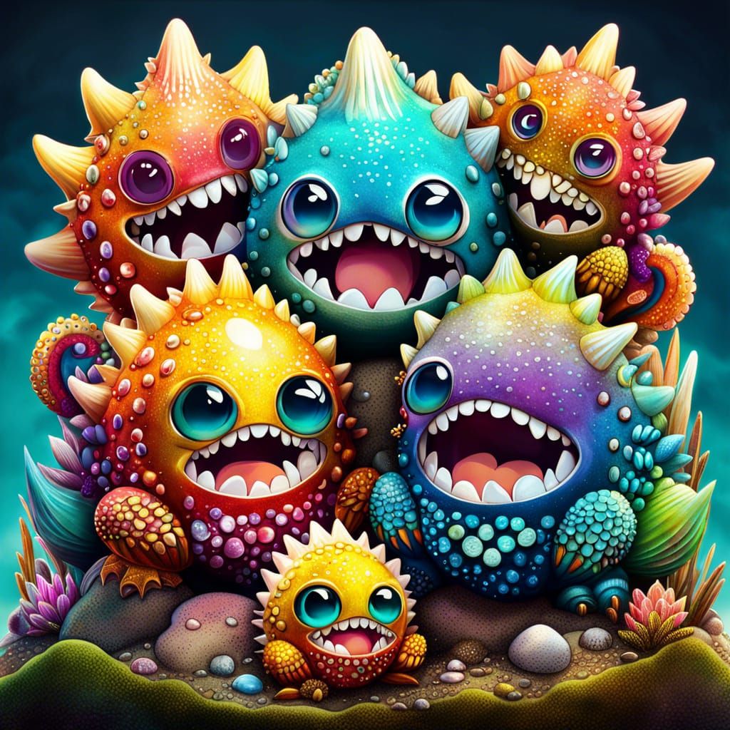 Shell-Encrusted Chibi Rock Monsters Hugging in Detailed Digi...