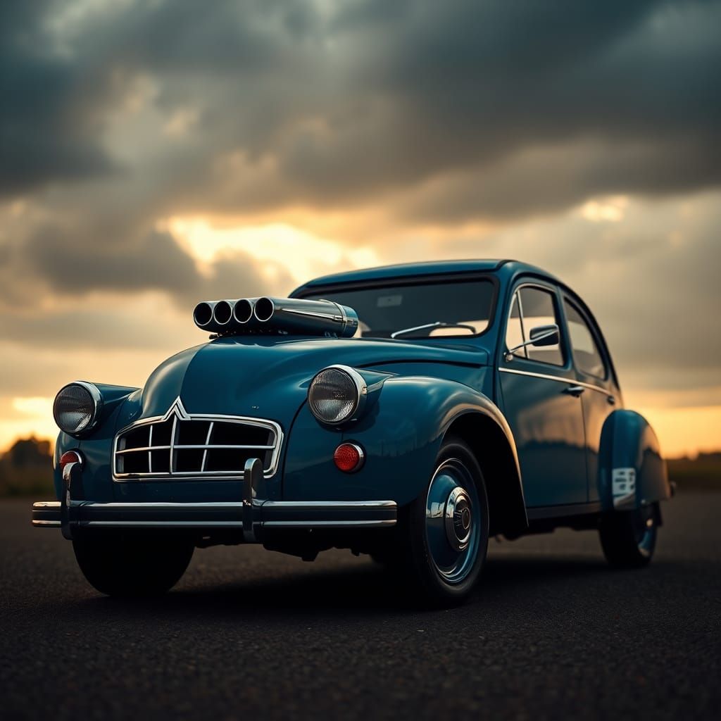 Blue Citroën 2CV with V12 Engine: Cinematic Style