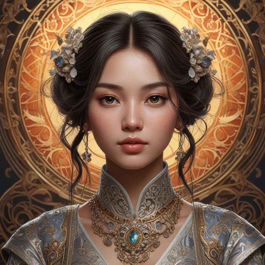 Asian Beauty in Vibrant Art Nouveau Style