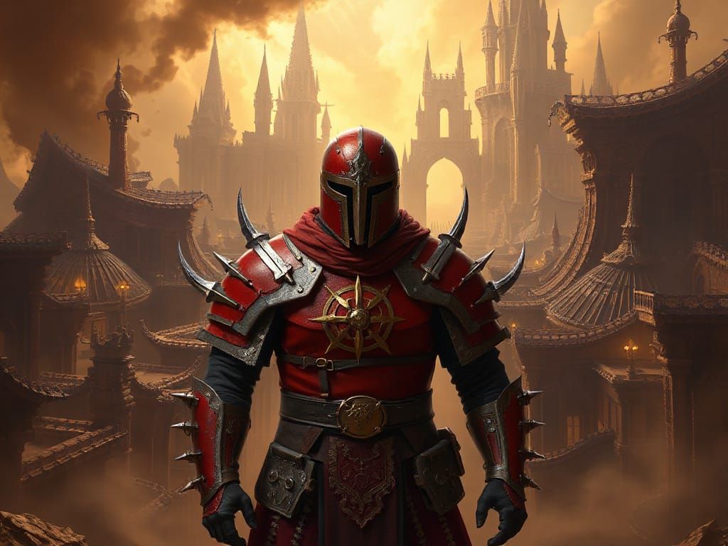 Red Plate Paladin in Baroque-Inspired Fantasy Landscape