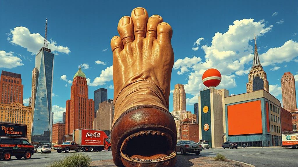 Giant Foot-Mouth in a Pop Art Cityscape