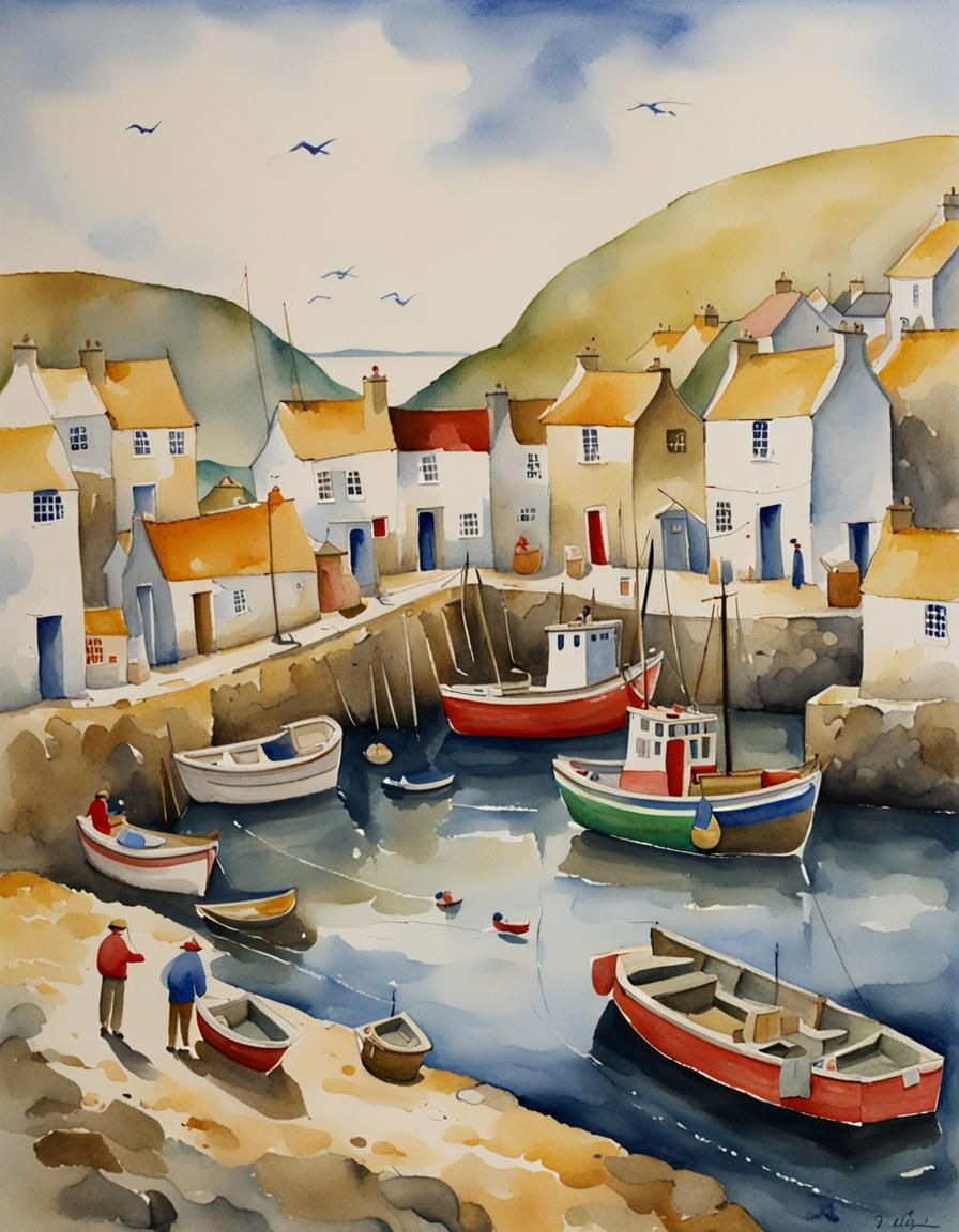 Fishing Village Harbour in Naive Watercolour Style