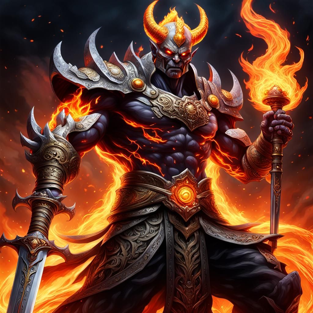 Hyperrealistic God of Destruction with Fiery Sword