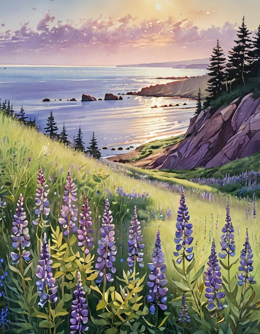 Lupine Field Watercolor with Iridescent Dew Drops