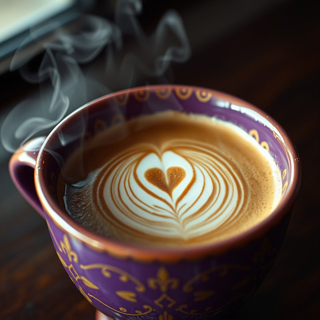 Alien Latte Art in Ornate Cup: Cinematic Still