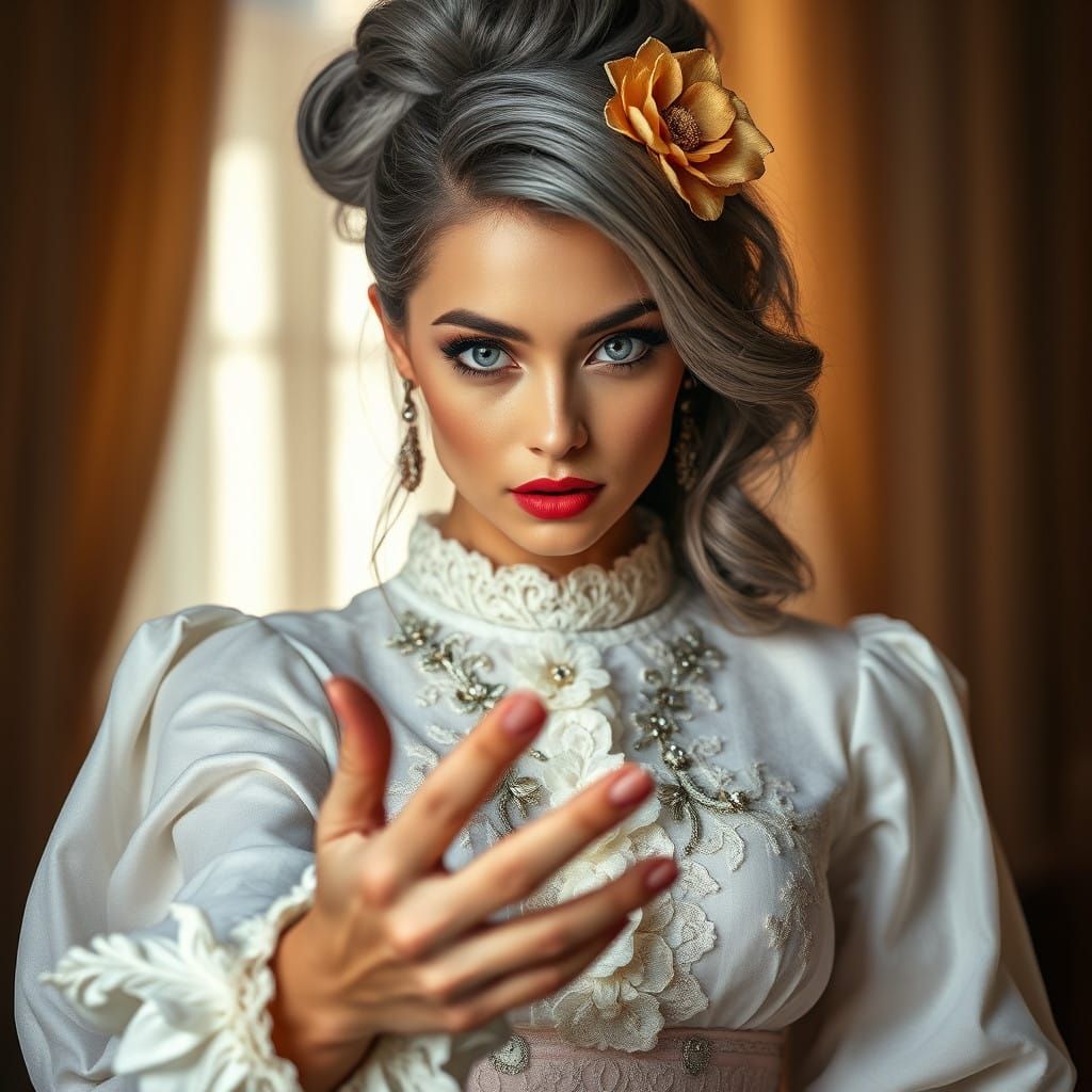Elegant Woman in White Blouse with Golden Flower Hairpiece,...