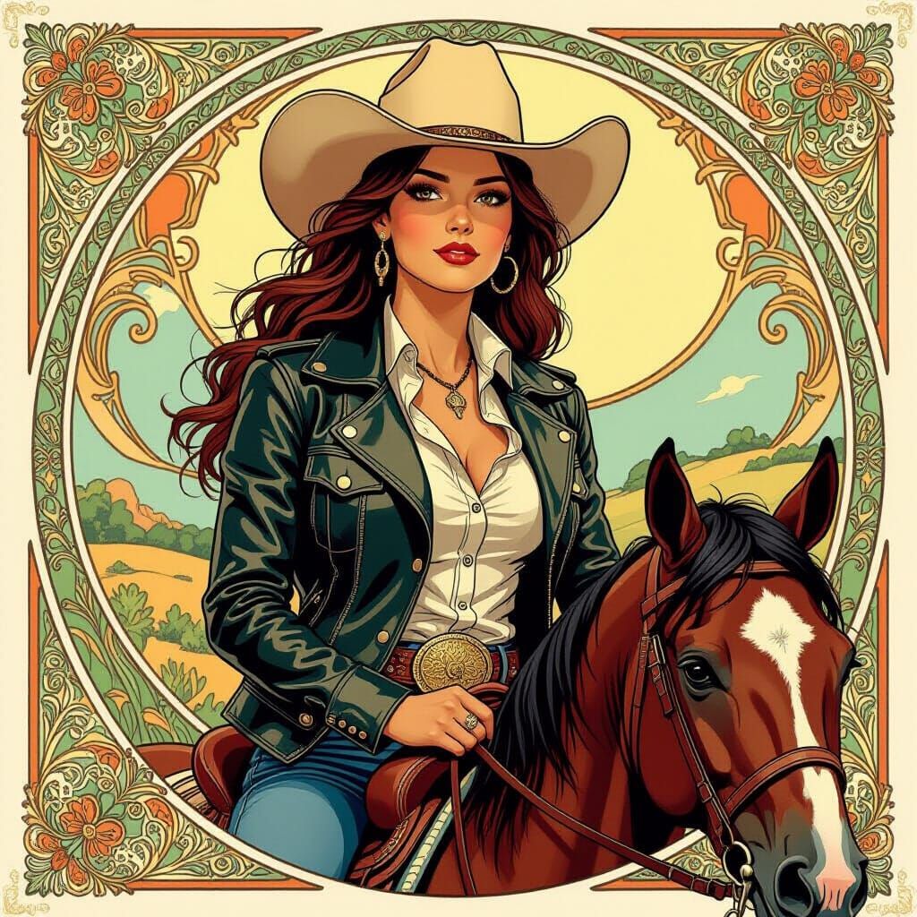 Stylized Cowgirl on Horse in Art Nouveau Style