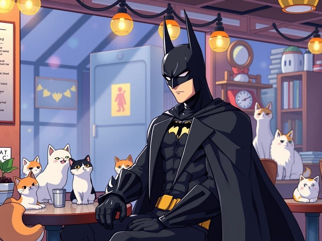 Anime Batman Enjoys a Cat Cafe