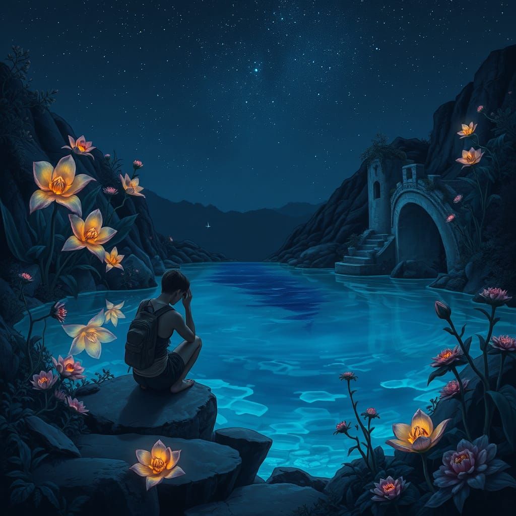 Lone Traveler in a Starlit Bioluminescent Oasis