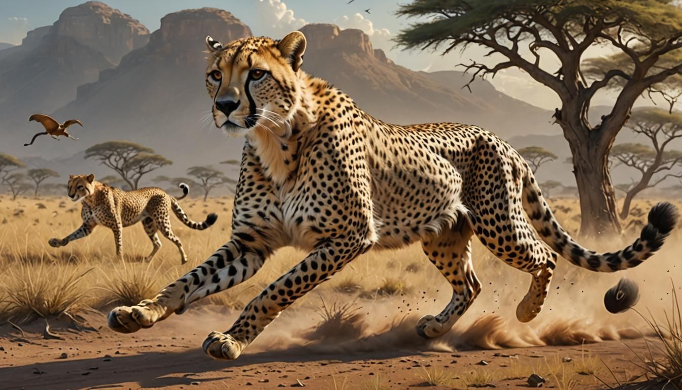 A cheetah on the savanna racing at top speed after a fleeing antelope. WLOP, tom bagshaw, Photo Taken on Nikon D750, Sce...