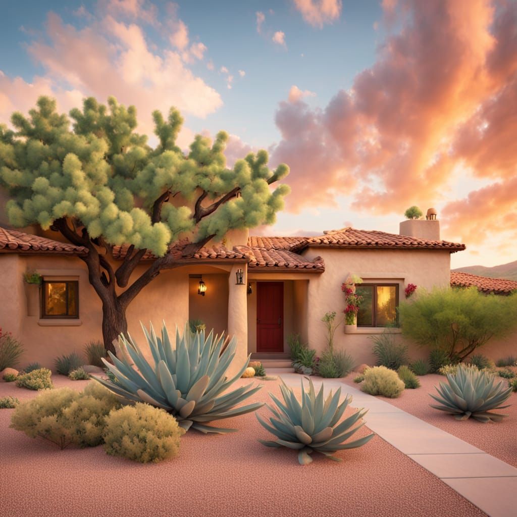 Desert Trees Frame Stucco Houses in Golden Light