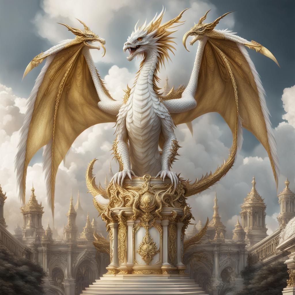 Dragon Statue with Feathers and Gold Plating