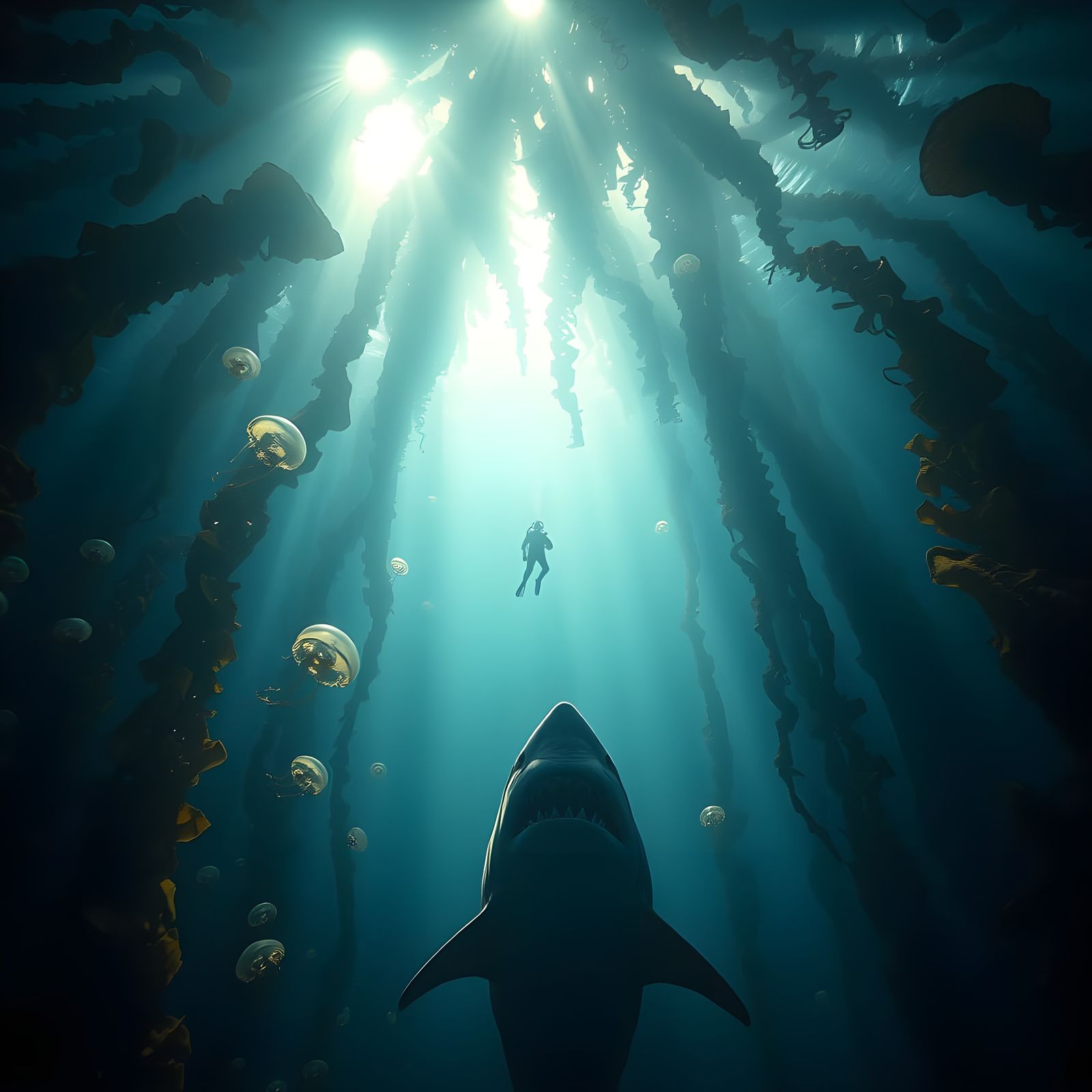 Scuba Diver in Kelp Forest with Shark