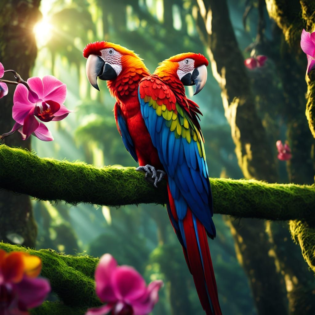 Vibrant Scarlet Macaw in Lush Rainforest Digital Painting