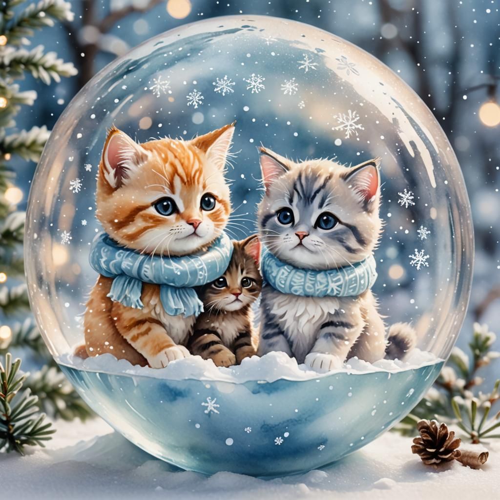 Chibi Kittens Petting Snow Cat in Glass Ball