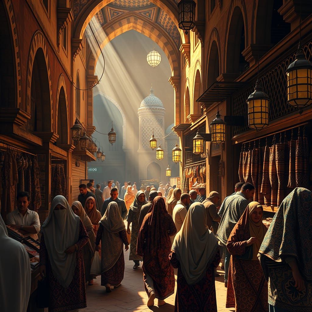 Vibrant Souq at Sunset in Futuristic Style