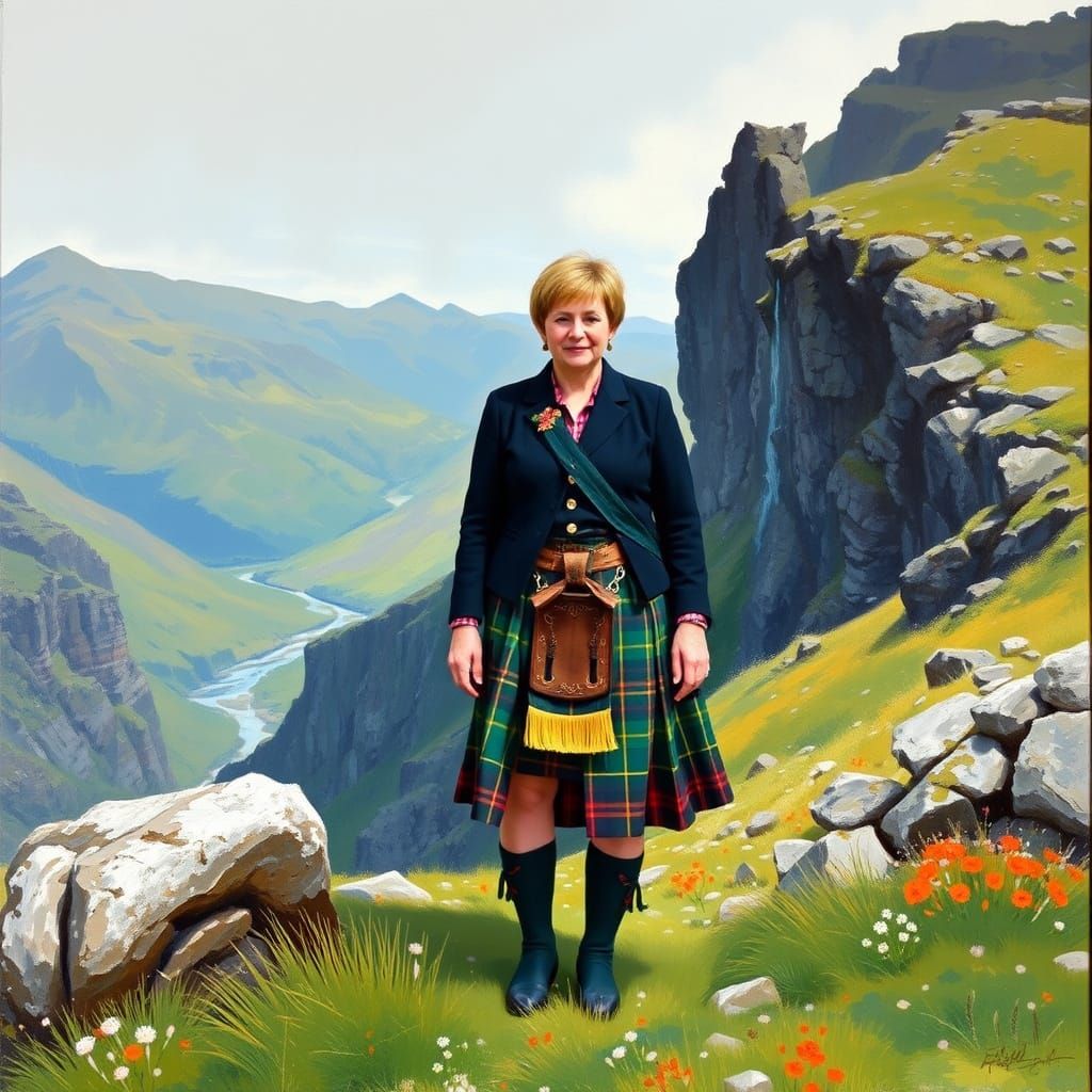 Scottish Woman in Highlands Dress, Impressionist Style