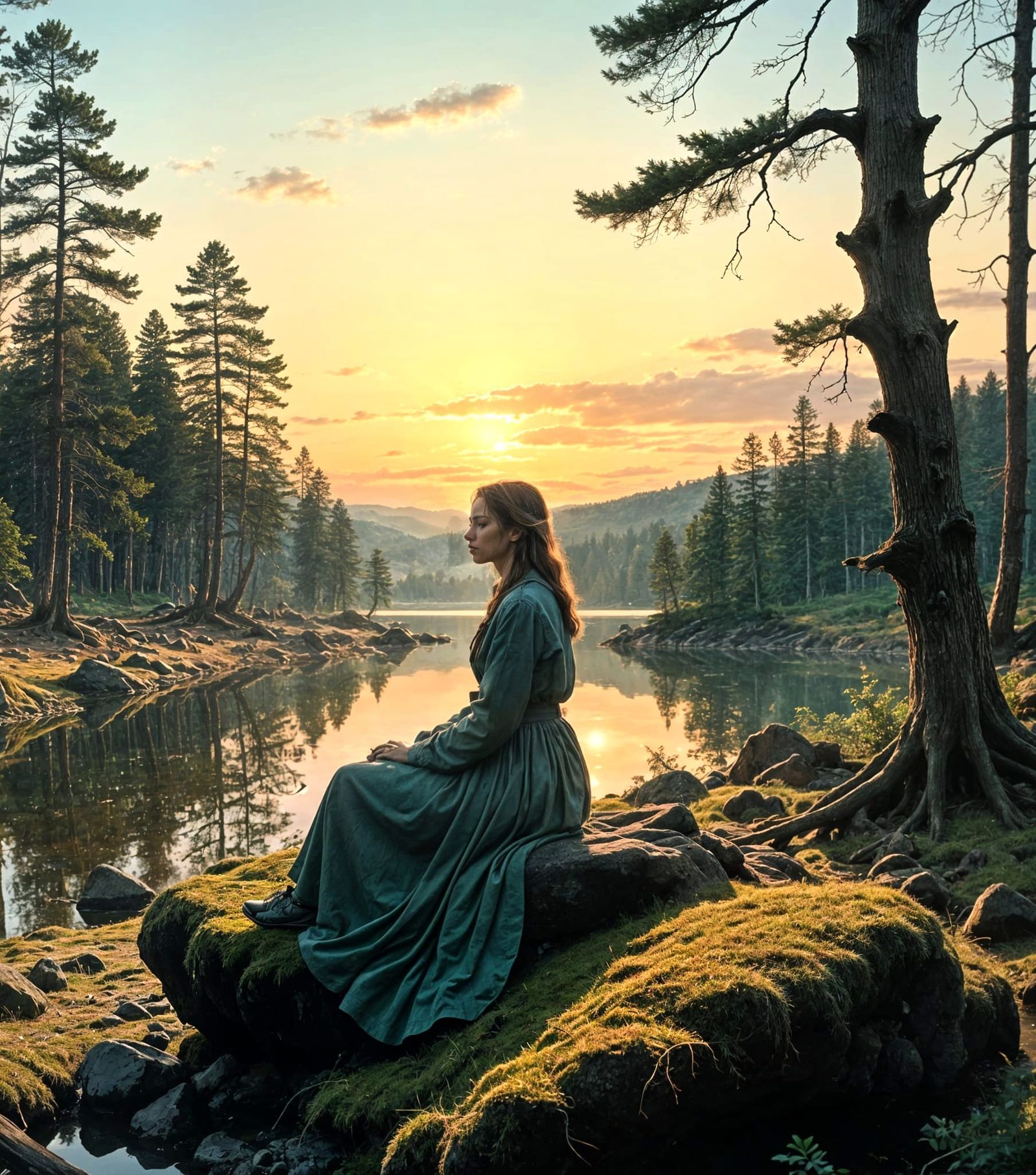 Woman Contemplates on a Rocky Shore at Sunset