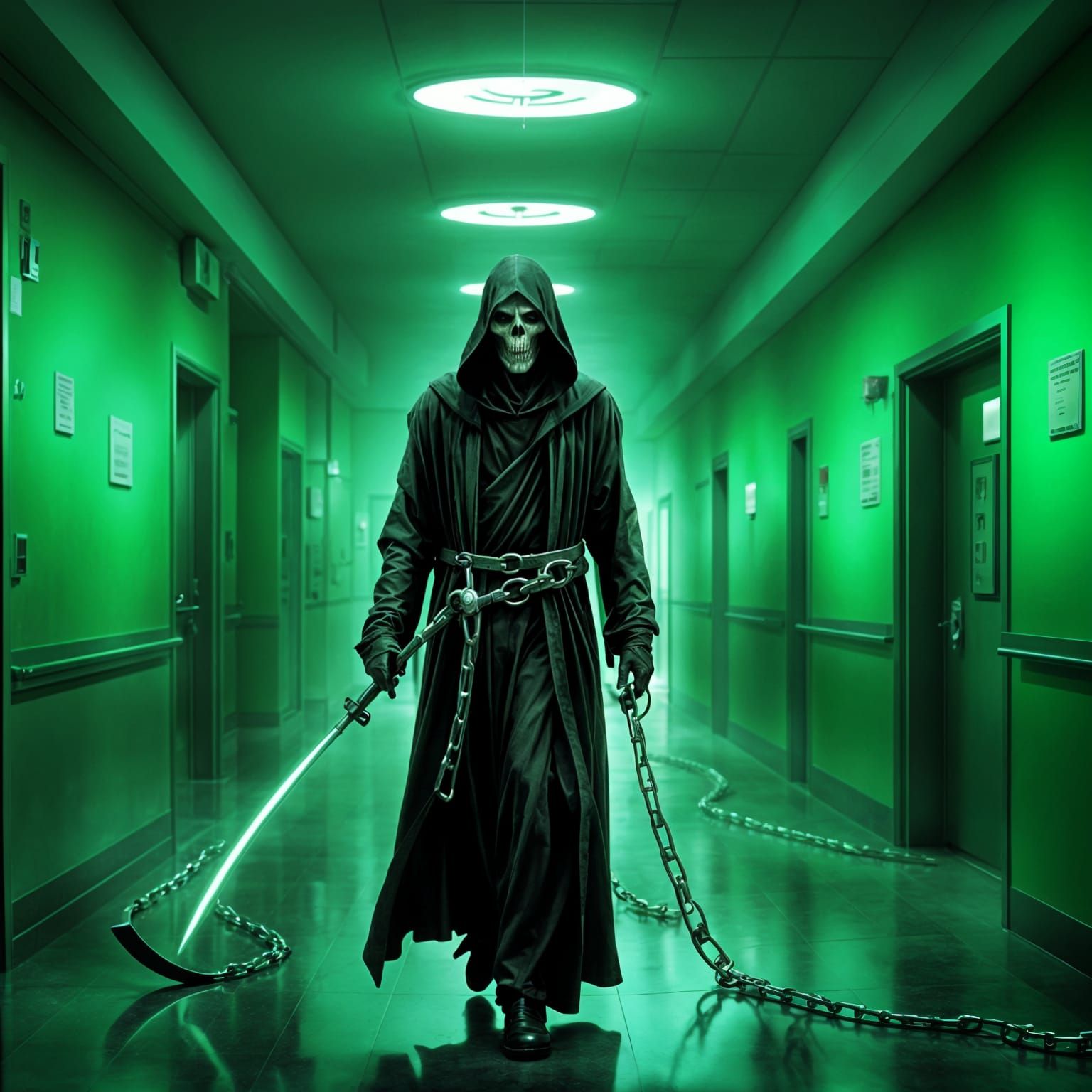 Terrifying Green Grim Reaper in Hospital Hallway