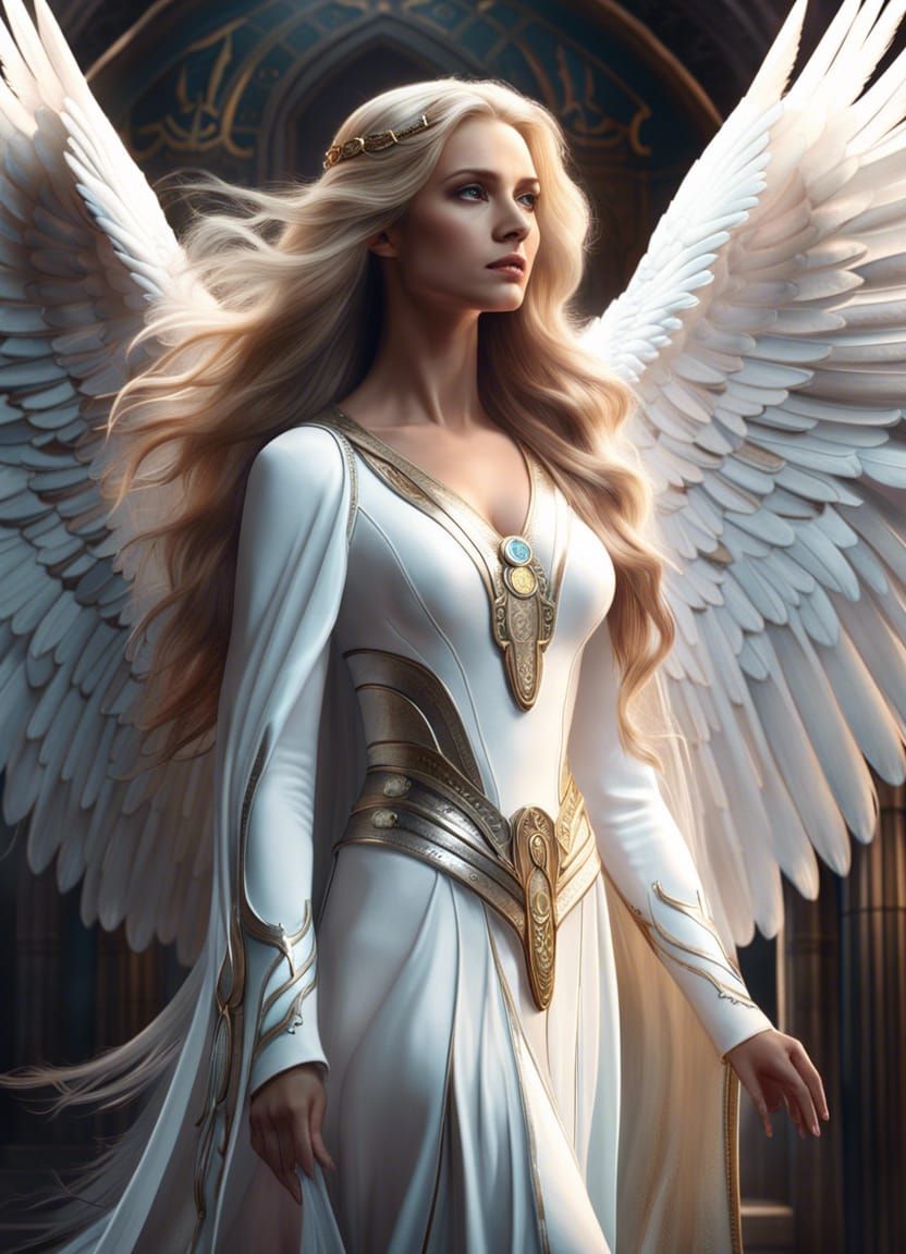 Beautiful Angel with White Wings in Digital Painting