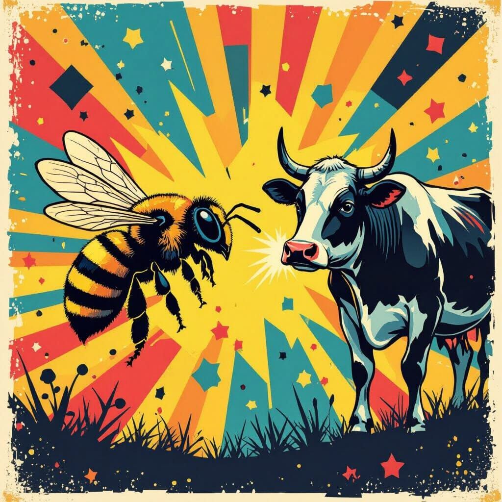 Bee Taunts Cow in Bold Pop Art Screen Print Style