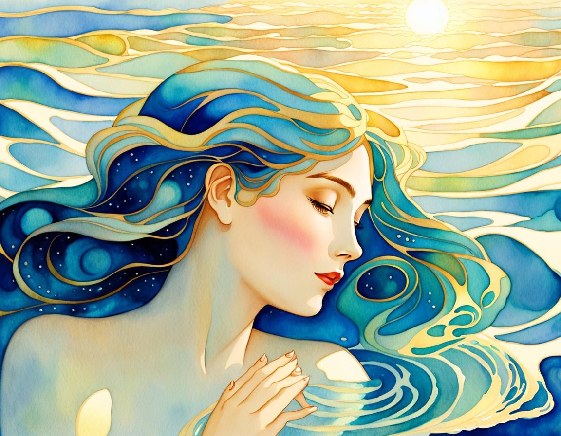 Ethereal Figure in Ocean Waves: Watercolour Art Nouveau