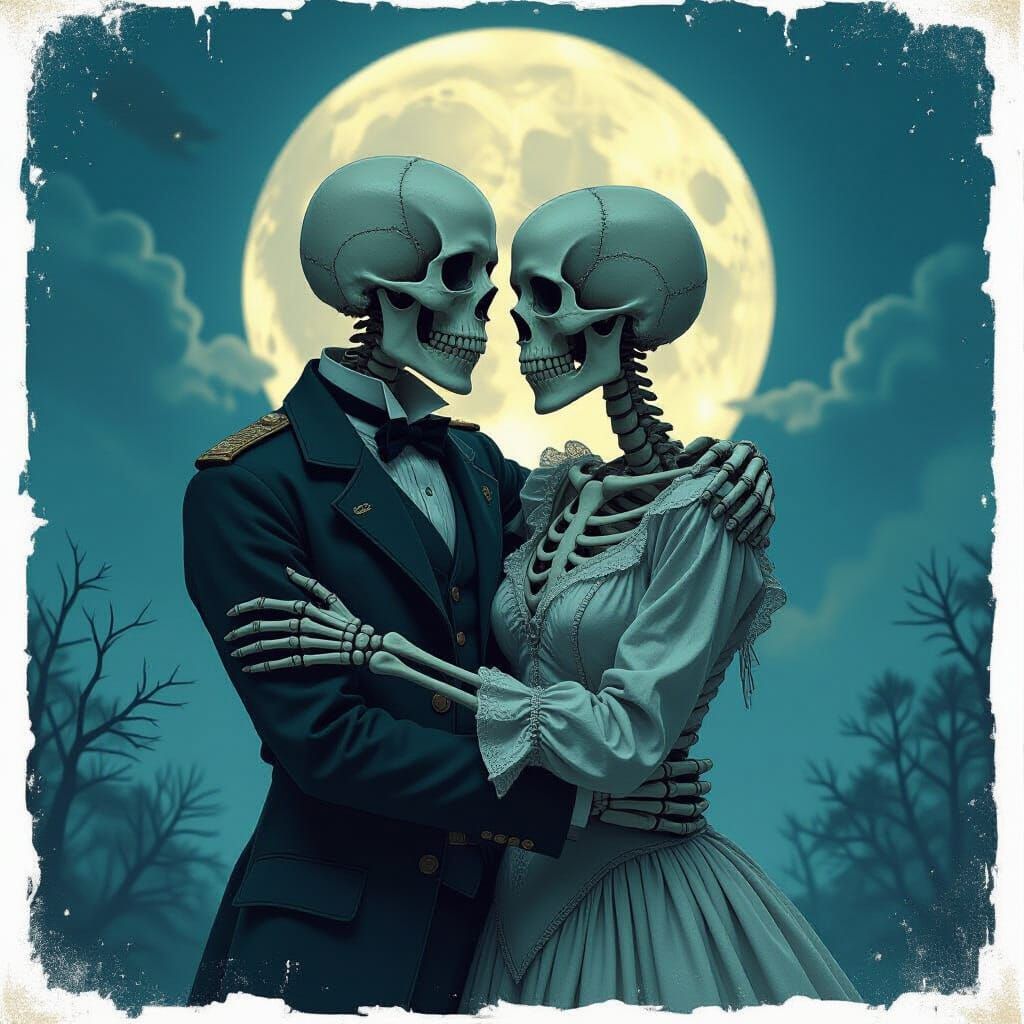 Skeletal Lovers Embrace in Moonlit Victorian Scene