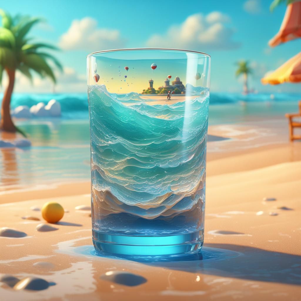 Glass on Beach at Sunset: 3D Digital Art