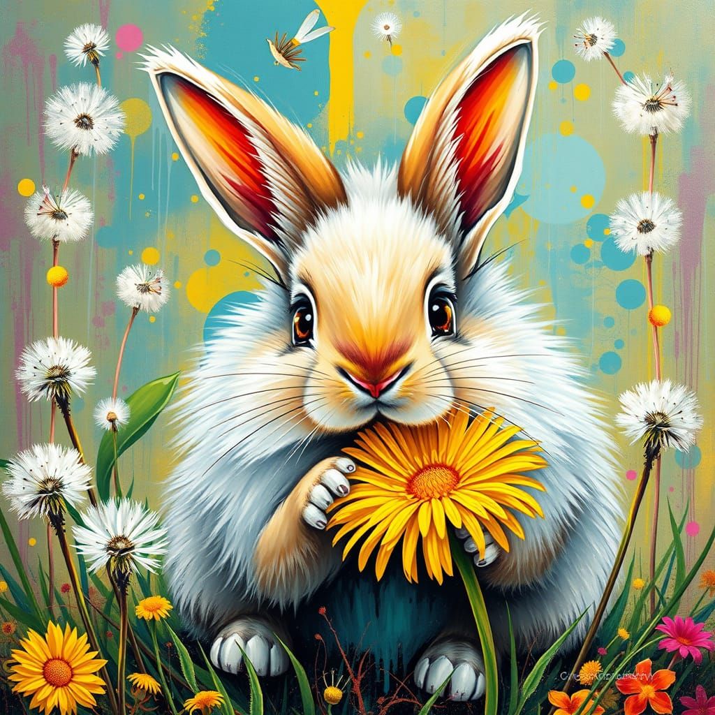 Whimsical Magical Bunny Munches on Dandelion
