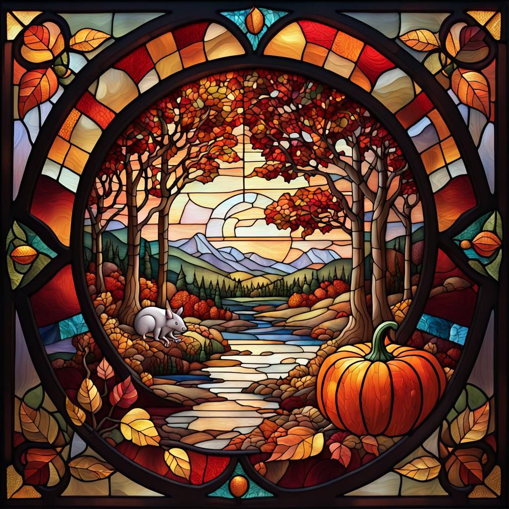 Stunning Stained Glass Autumn Landscape with Pumpkin