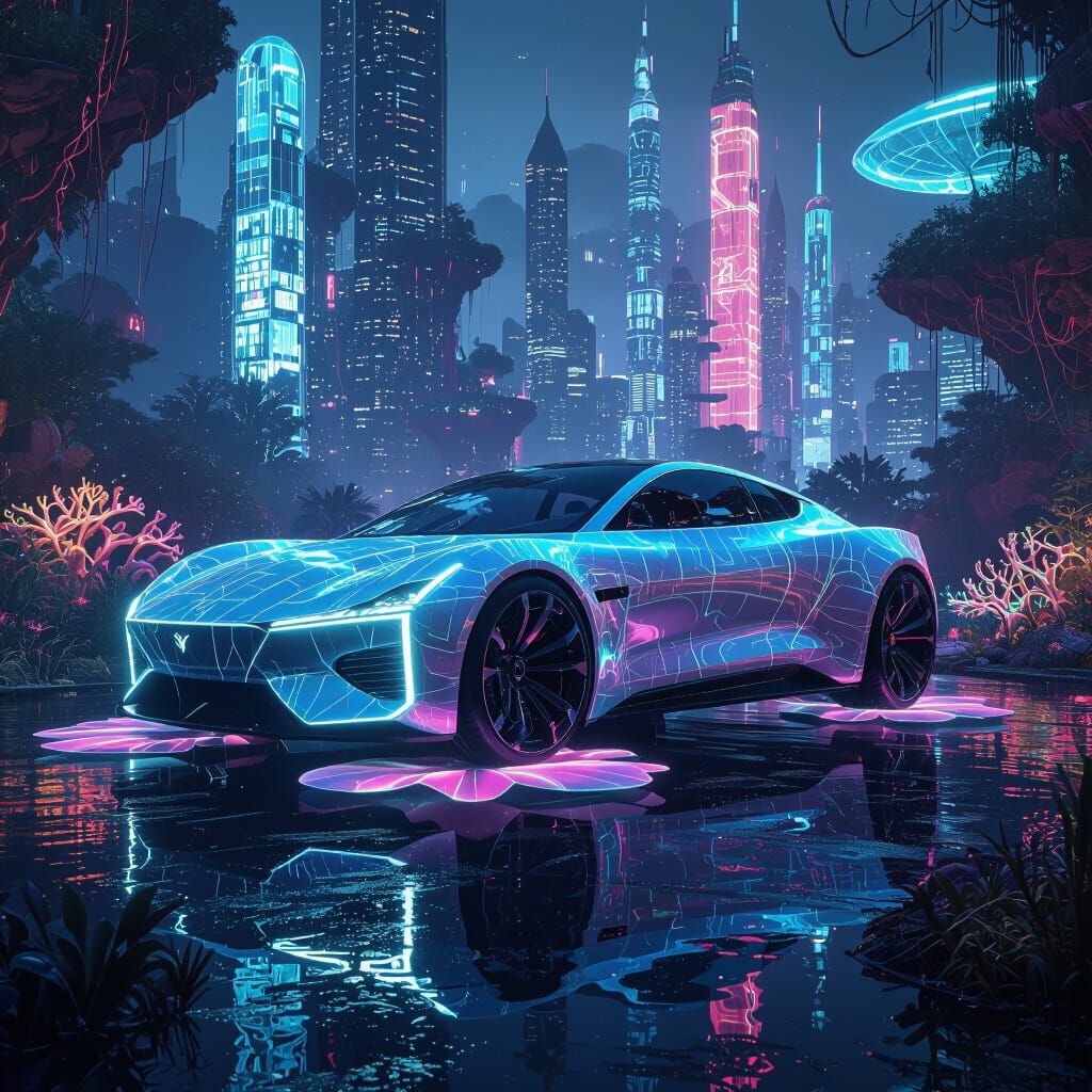 Futuristic Bio-Metal Car in Neon Jungle City