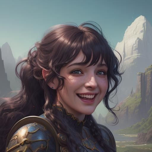 Laughing Woman in Fantasy Landscape: Detailed Digital Portra...
