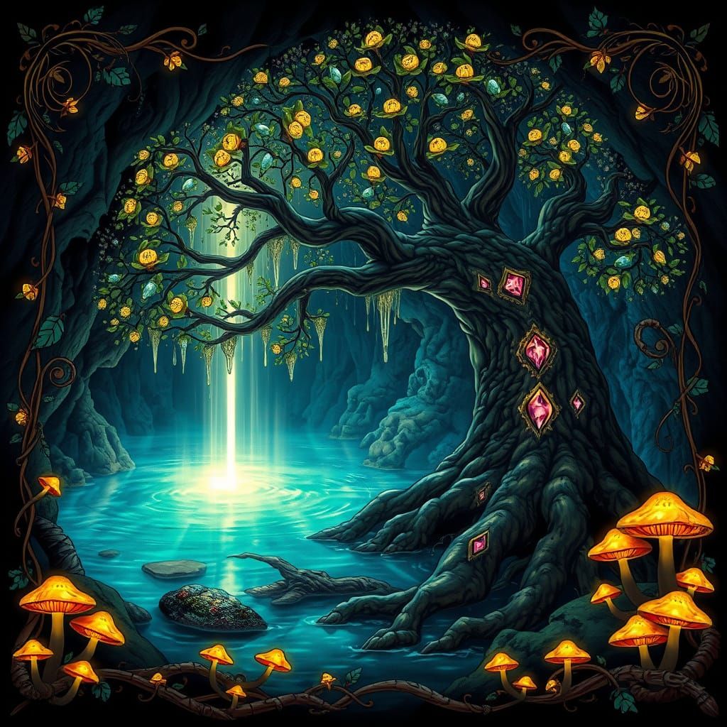 Luminous Gem Tree in Grotto, Fantasy Art