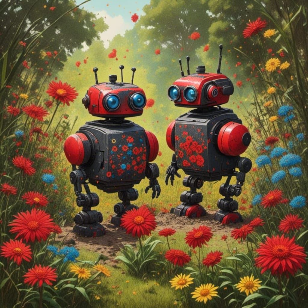Cute Robots Play in Flower Garden
