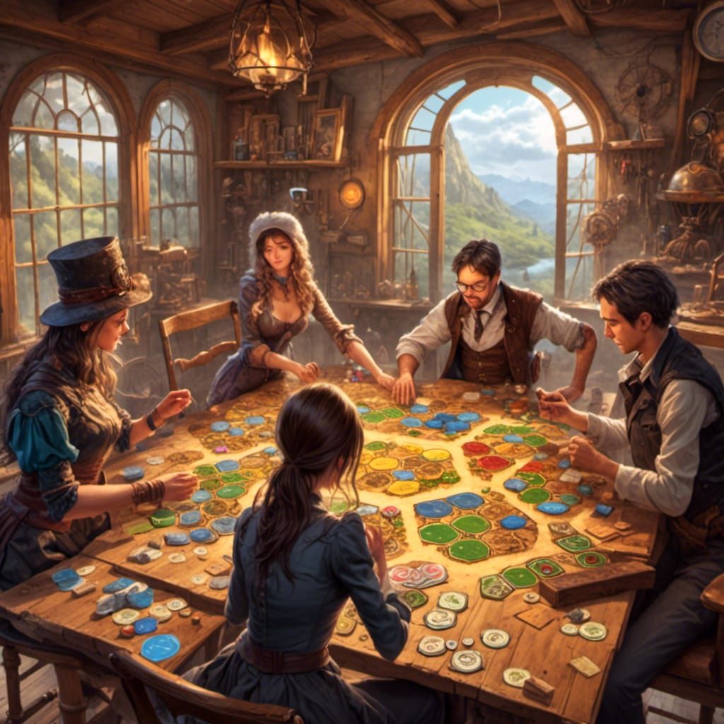 <lora:MeinaCafe:1.0> 3 people playing catan, steampunk engine