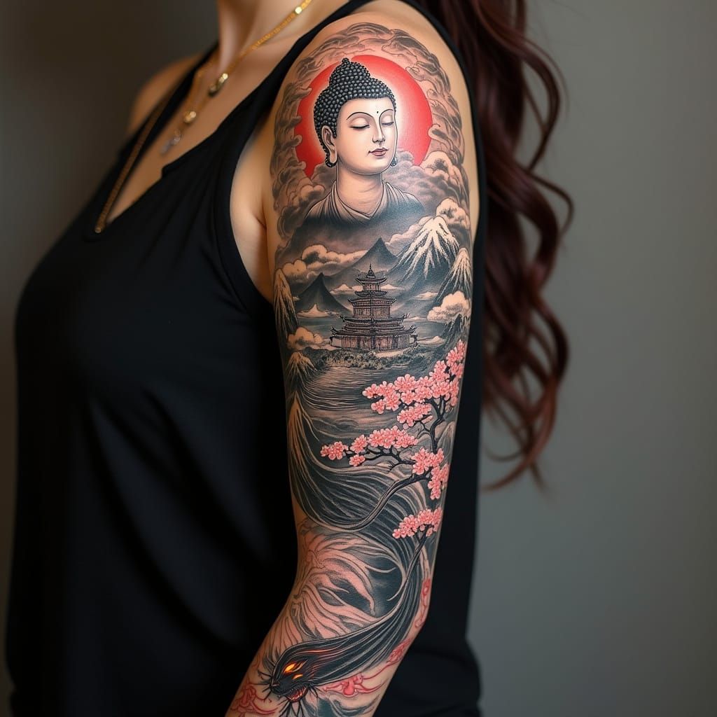 Traditional Japanese Woman with Buddha Face Tattoo Design