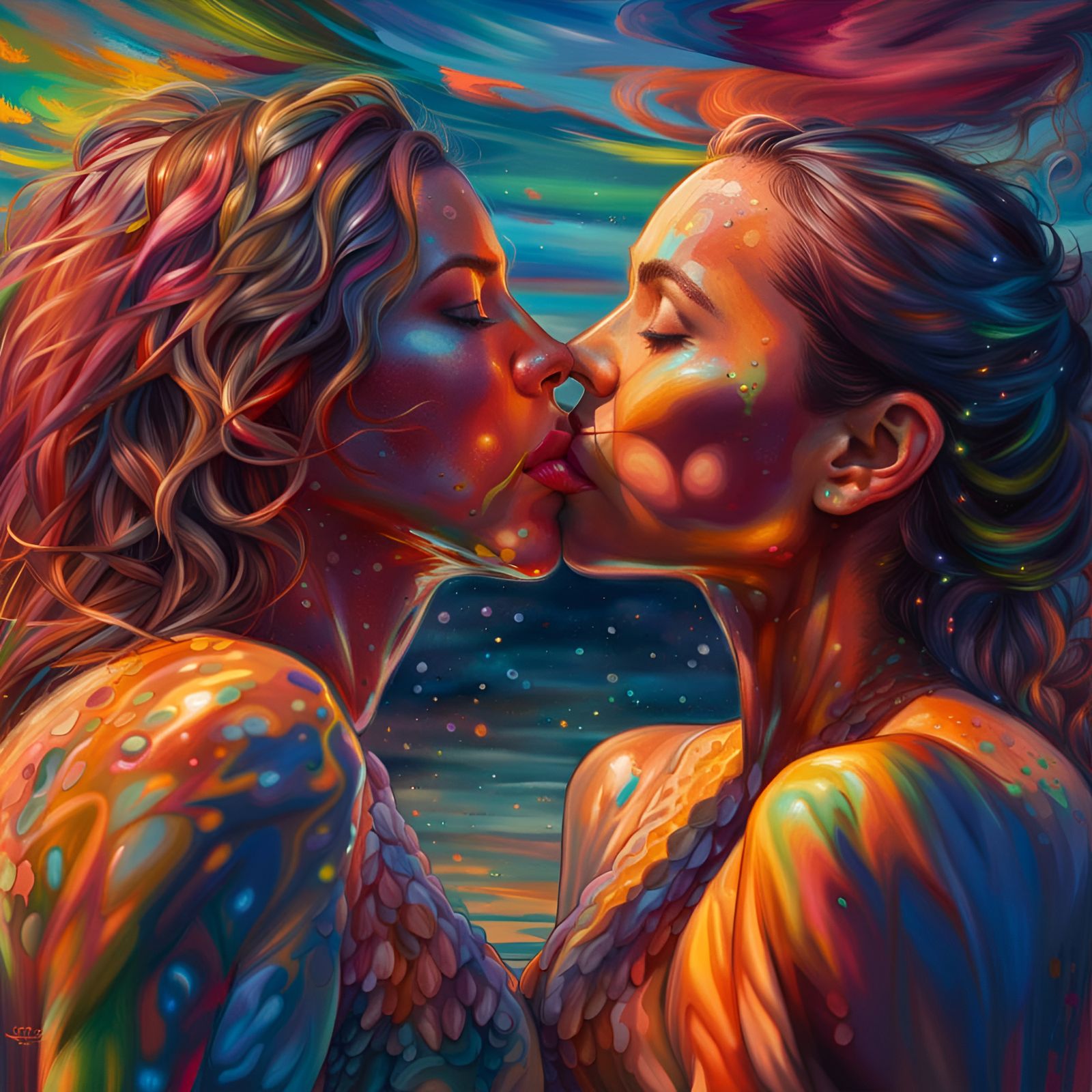 Hyperrealistic Bikini Women Embrace in Splash Art