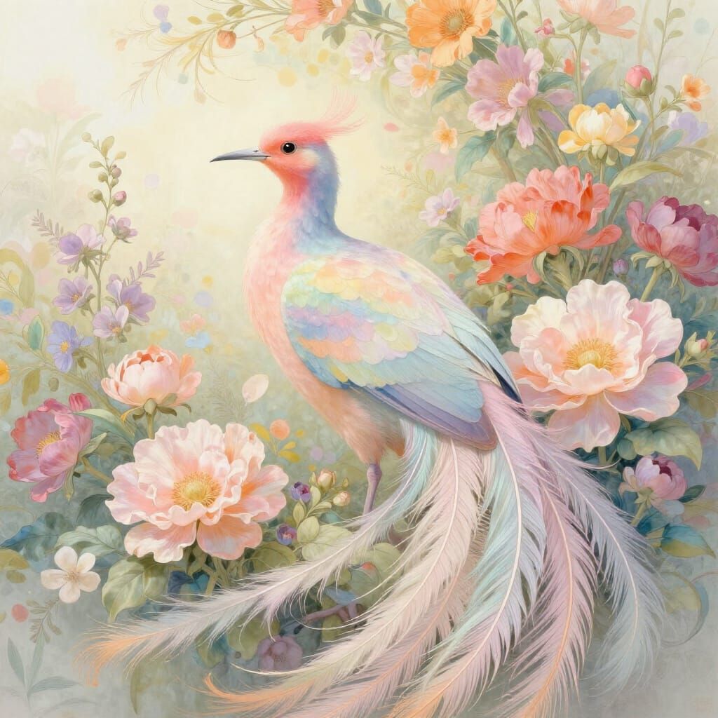 Majestic Bird Amidst Floral Explosion in Art Nouveau Style