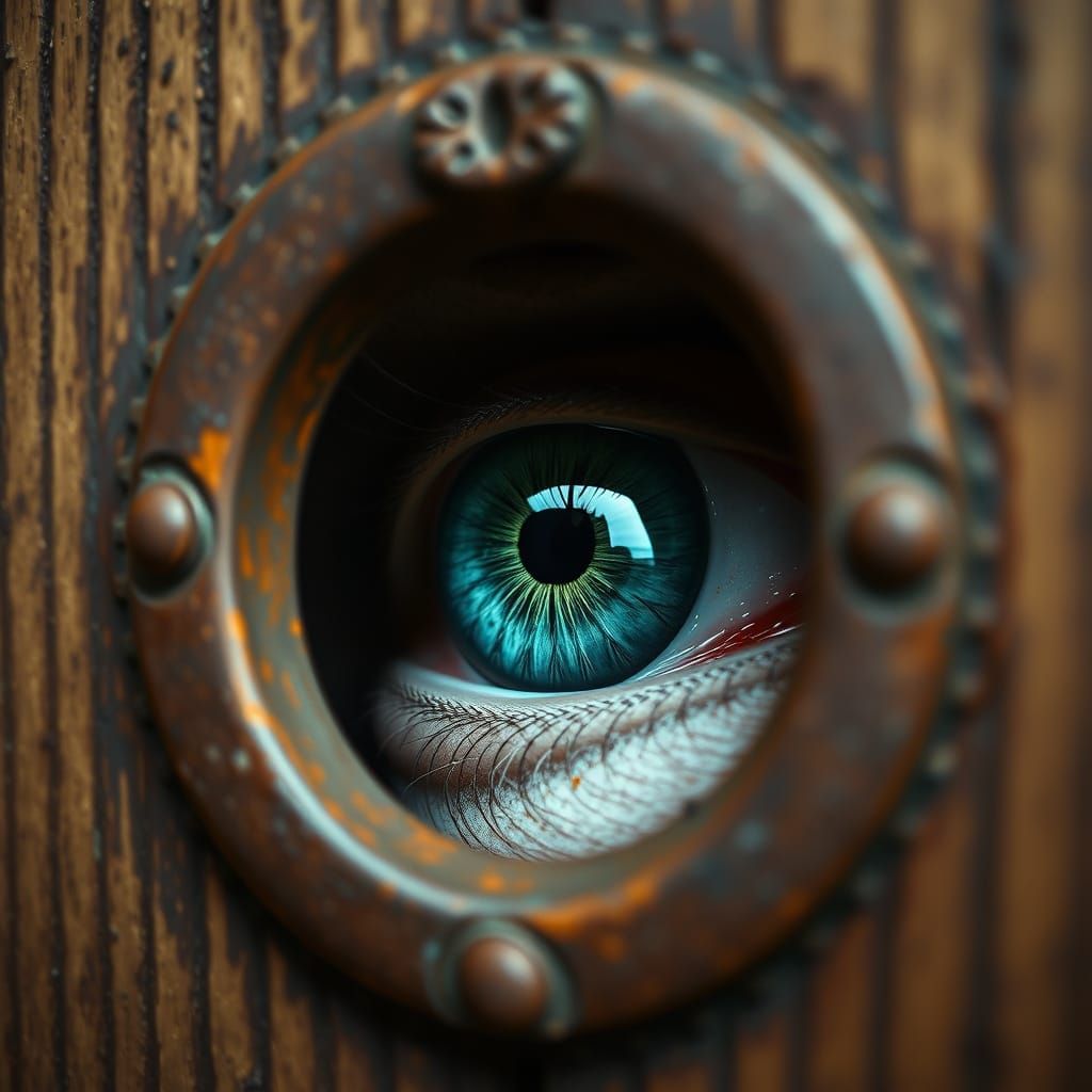 A Vivid Green Eye Peers Through a Rusty Keyhole