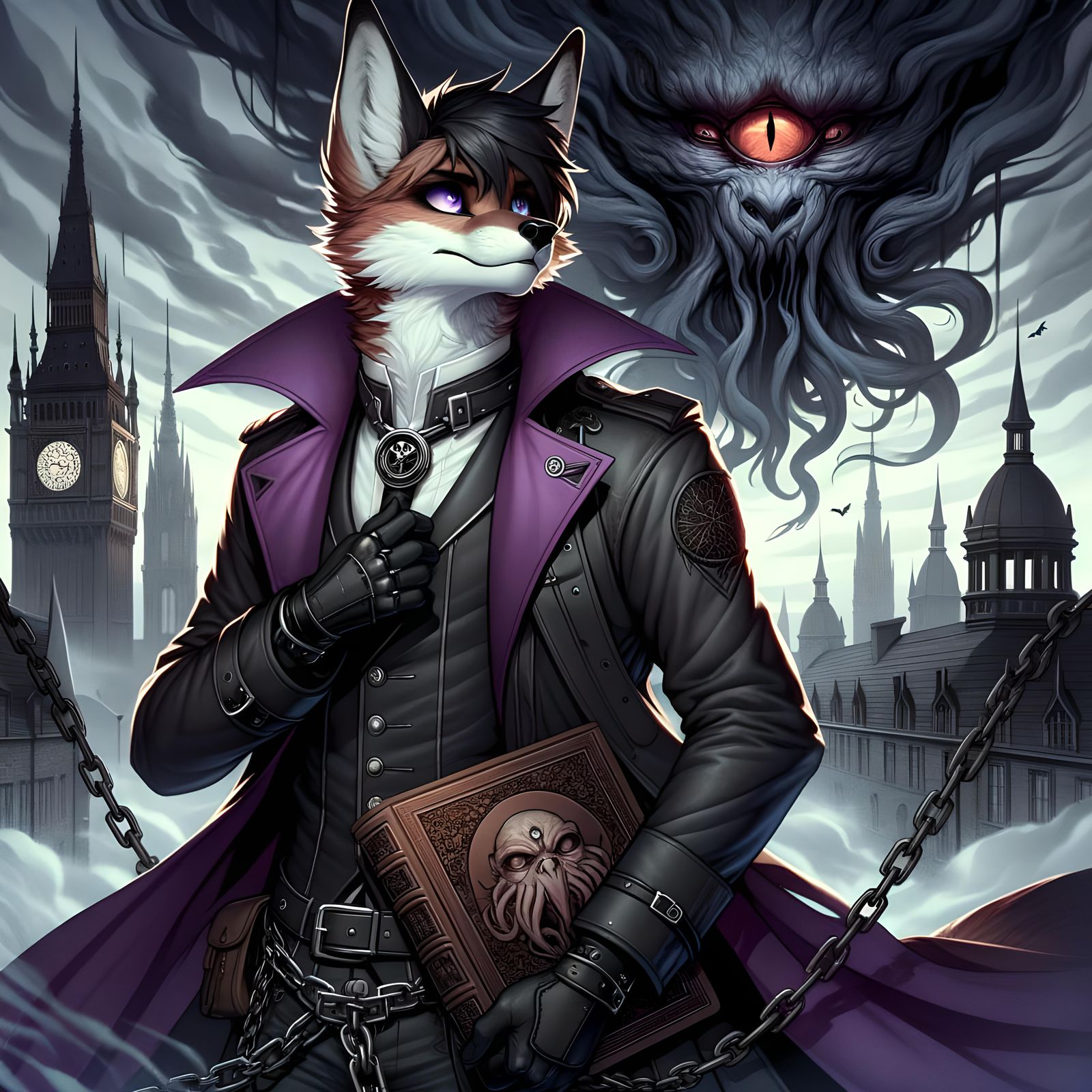 Anime Fox Warlock with Cthulhu in Gothic City