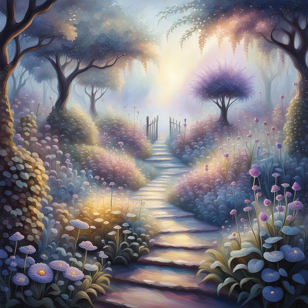 Ethereal Fantasy Garden at Dawn in Oil Painting Style