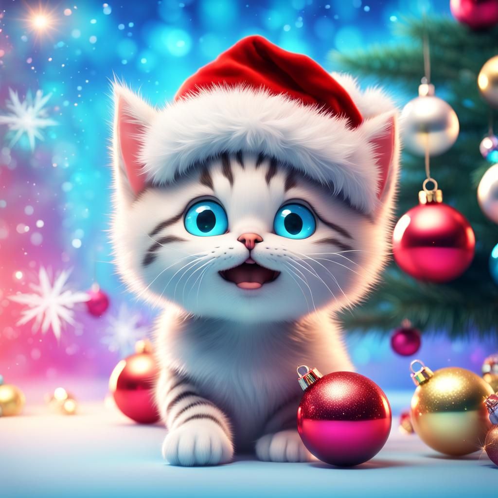 Festive Kitten with Christmas Hat in 3D Style