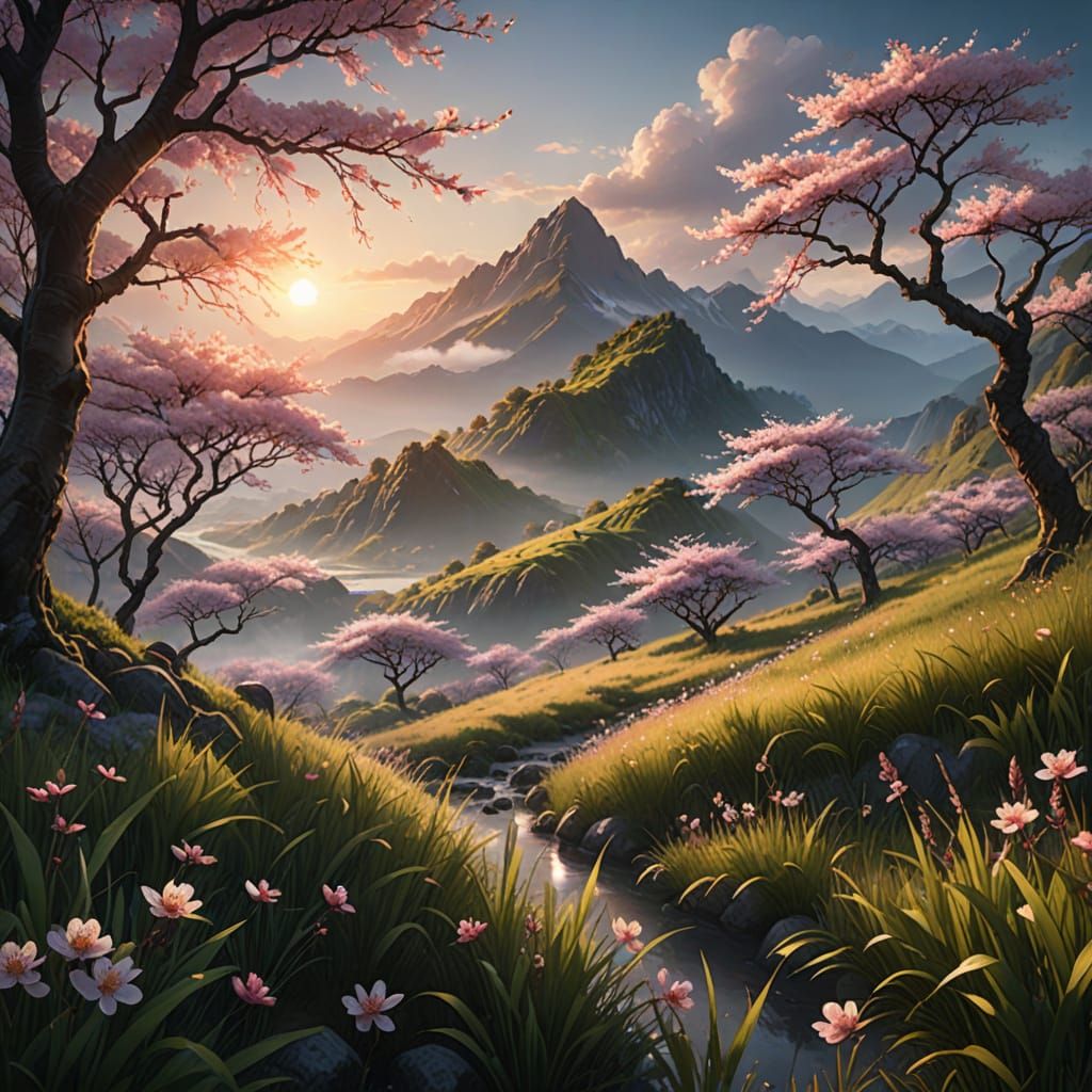 Cherry Blossoms in Misty Mountains: Fantasy Concept Art
