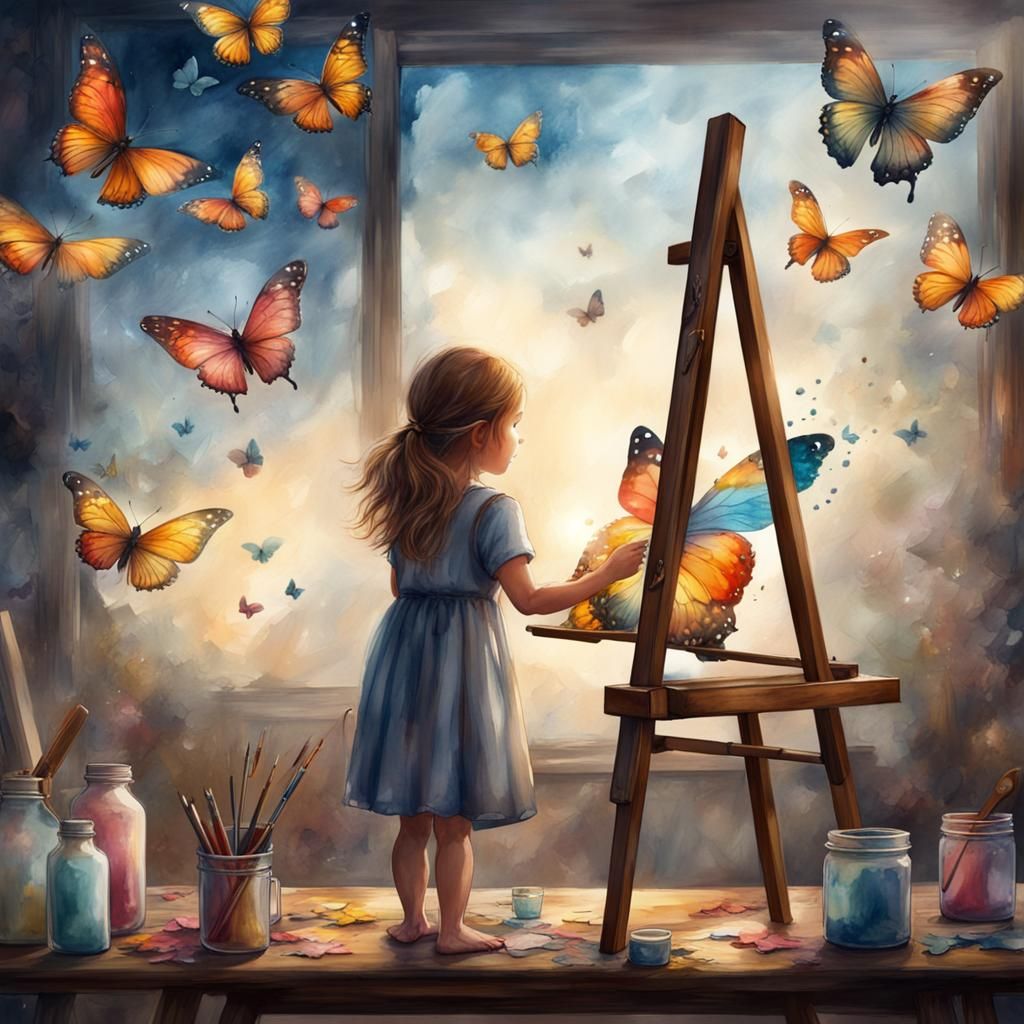 Girl Painting Butterflies: Watercolor Fantasy Art